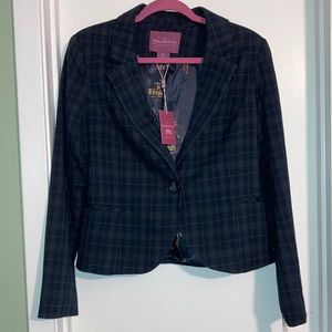 NWT! Savile Row Womens Navy/gray Plaid Elbow Patch Button Riding Blazer S1